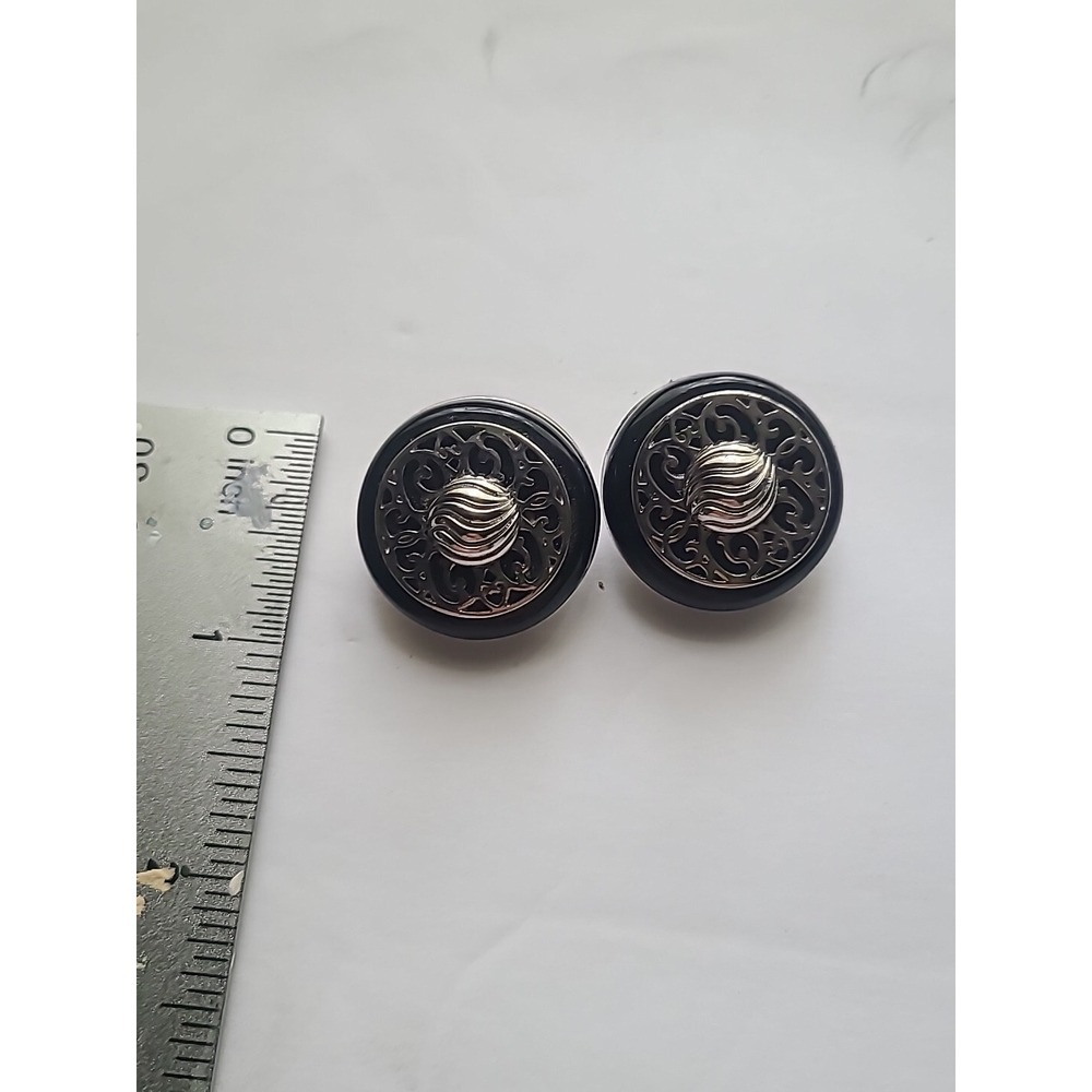 Vtg Silvertone And Black Earrings Clip on Button Filigree - Picture 2 of 5